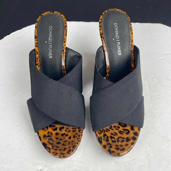 Donald Pliner Hedi Women's 8 M Black Brown Cross Strap Animal Print Wedge Sandal - Picture 2 of 11